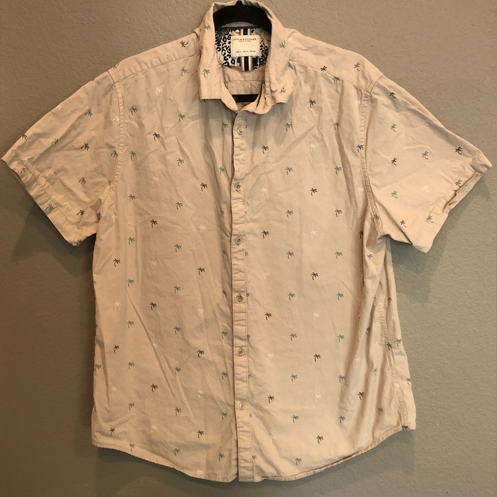Ricky Singh Denim & Flowers Men’s Size XL Button Down Shirt Tan Palm Trees